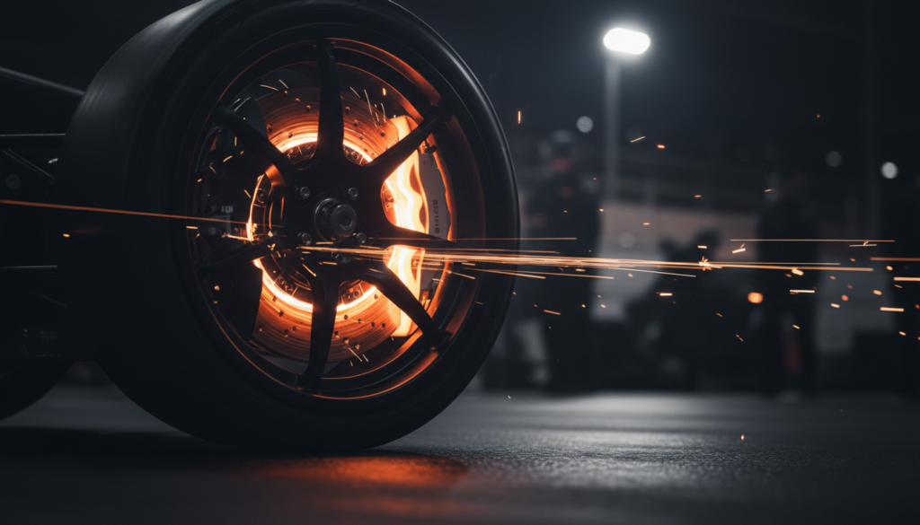 Close-up of a glowing hot brake disc on a race car wheel under braking, illustrating braking technology in motorsport