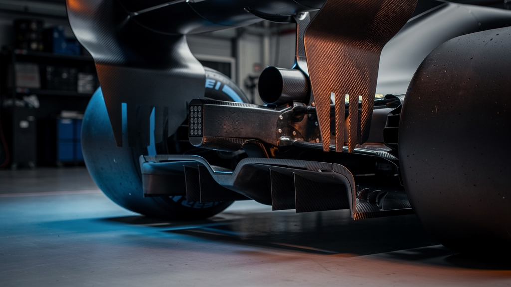 Close-up of a generic open-wheel race car's rear wing and floor edge, illustrating the aerodynamic parts affected by F1's 2027 rule changes