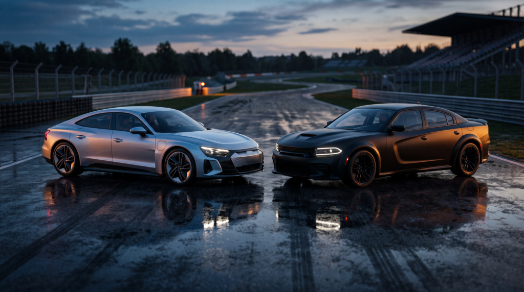 Two generic high-performance electric sports sedans facing off on a race track at dusk, representing an electric performance flagship comparison
